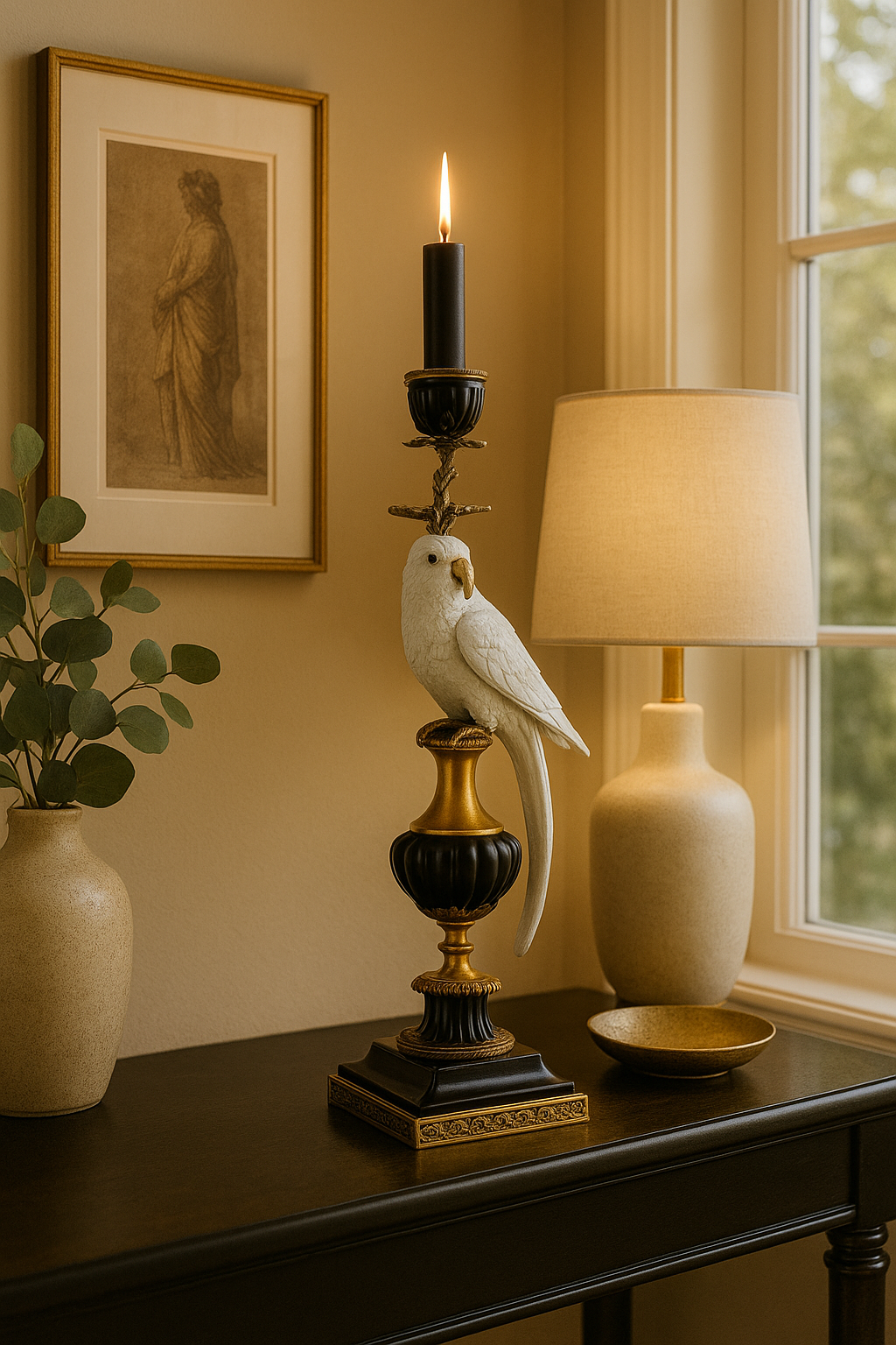Regal Parrot Sculpture Candle Holder – Black & Gold Finish