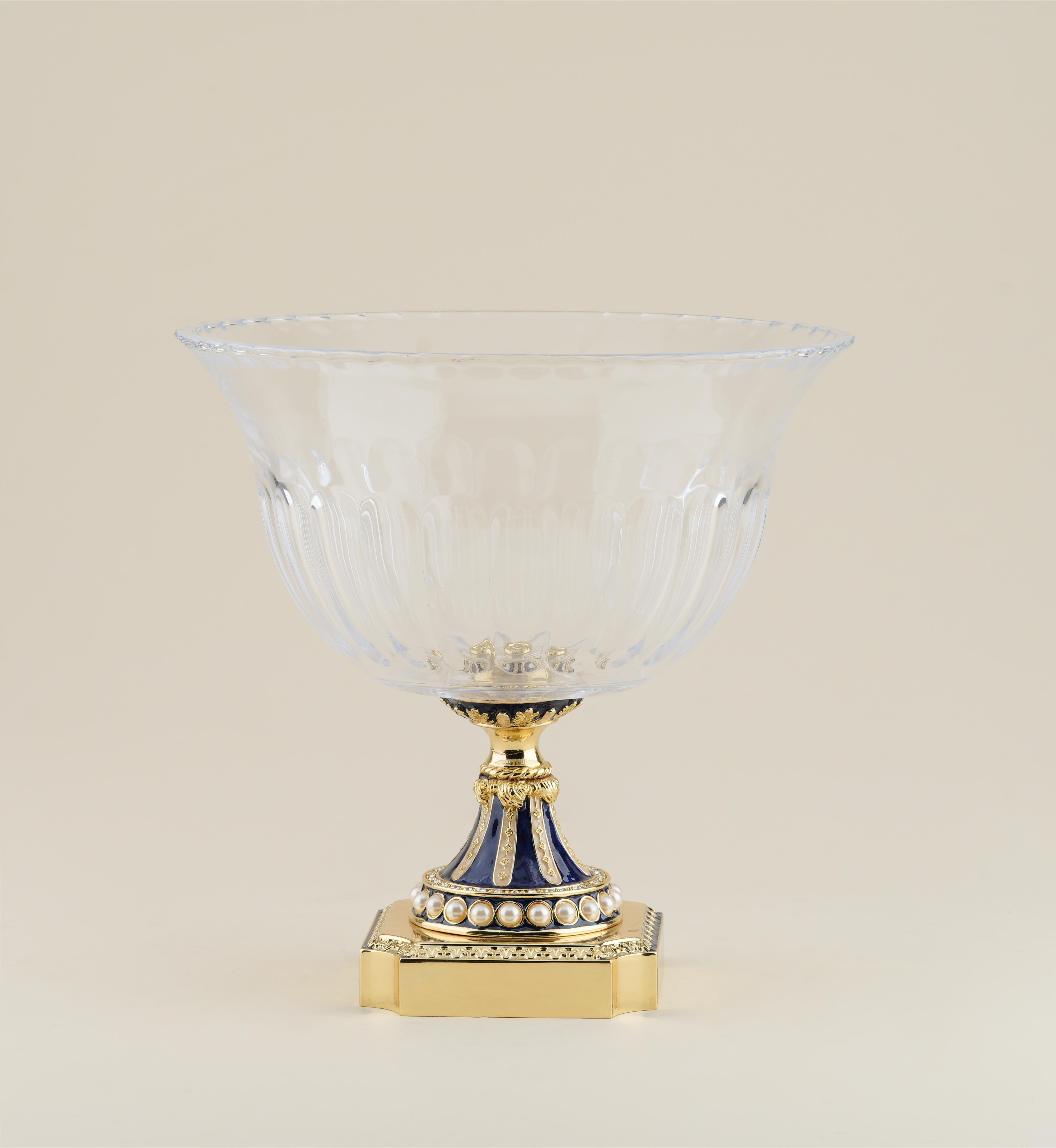 Luxury Chinoiserie Crystal Pedestal Bowl – Gilded Enamel Centerpiece with Pearl Detailing