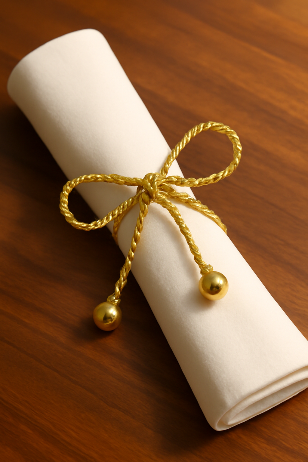Kasa Holzer Gold Bow Napkin Ring – Braided Rope Design with Bead Ends for Elegant Table Décor