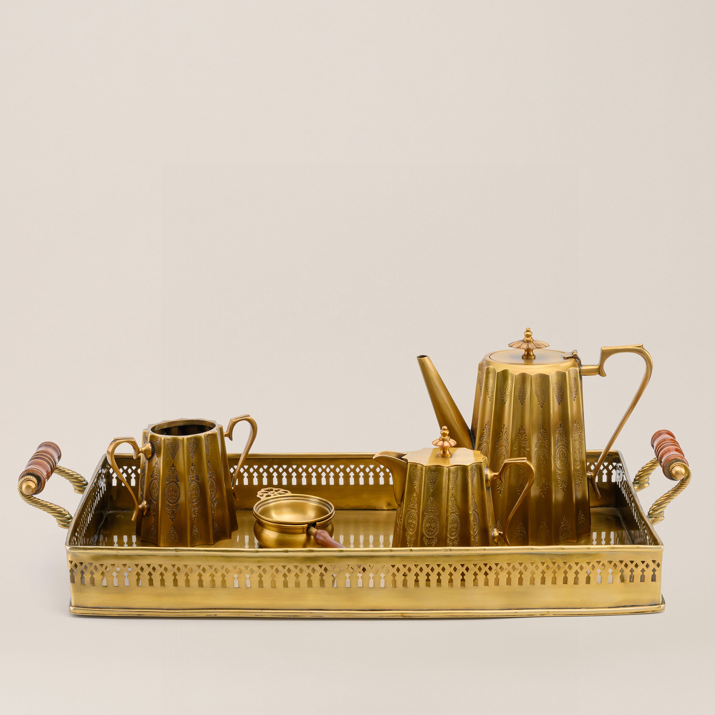 BRASS TEA SET WITH TRAY