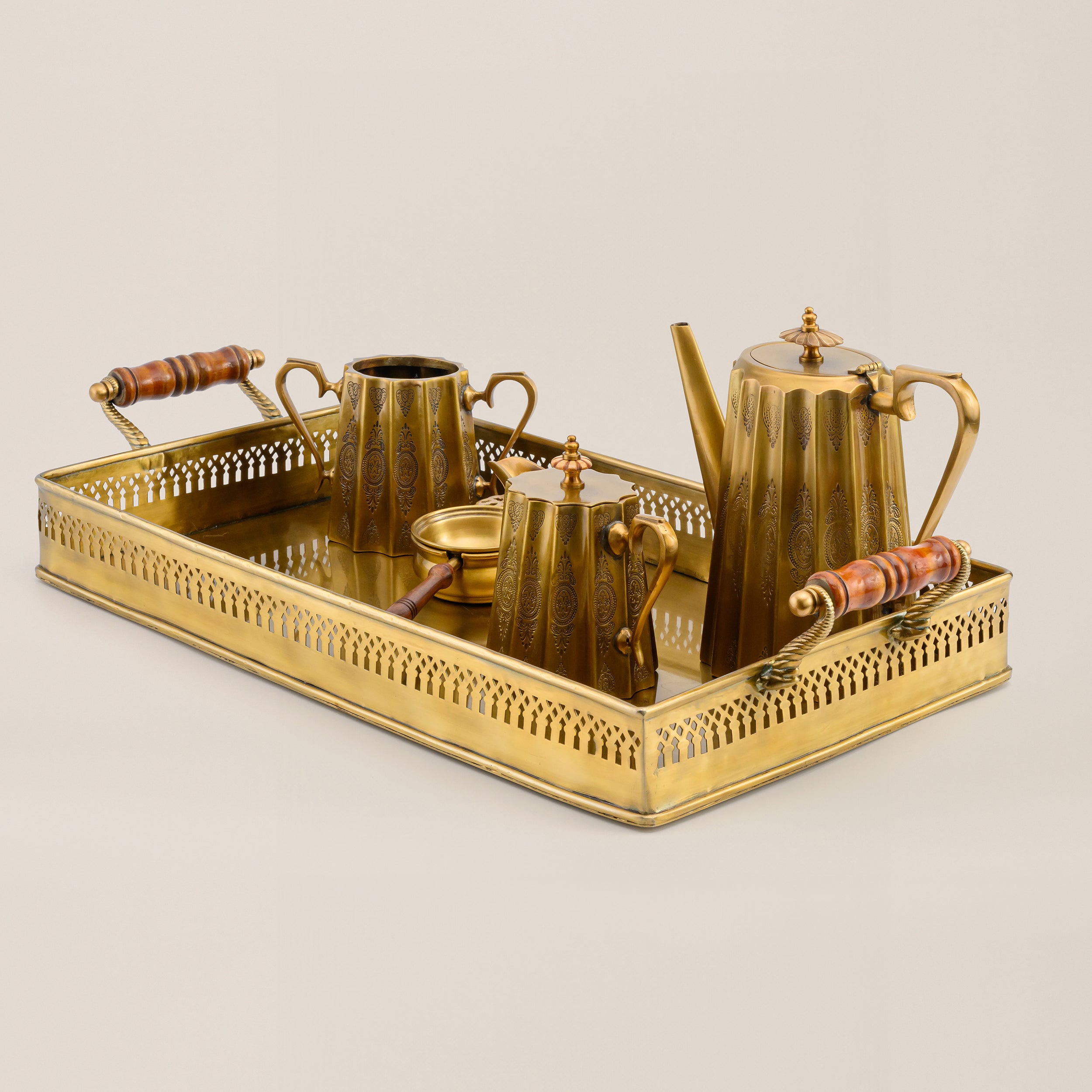 BRASS TEA SET WITH TRAY