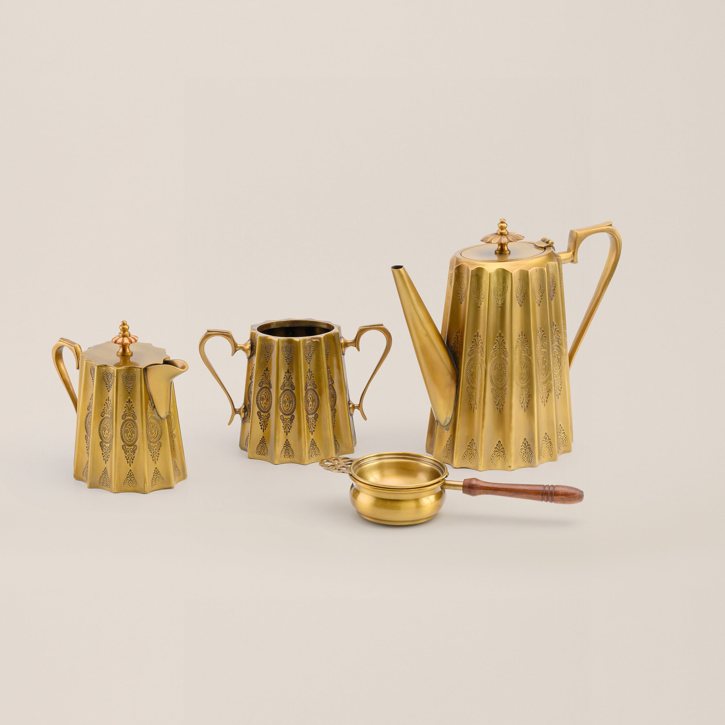 BRASS TEA SET WITH TRAY