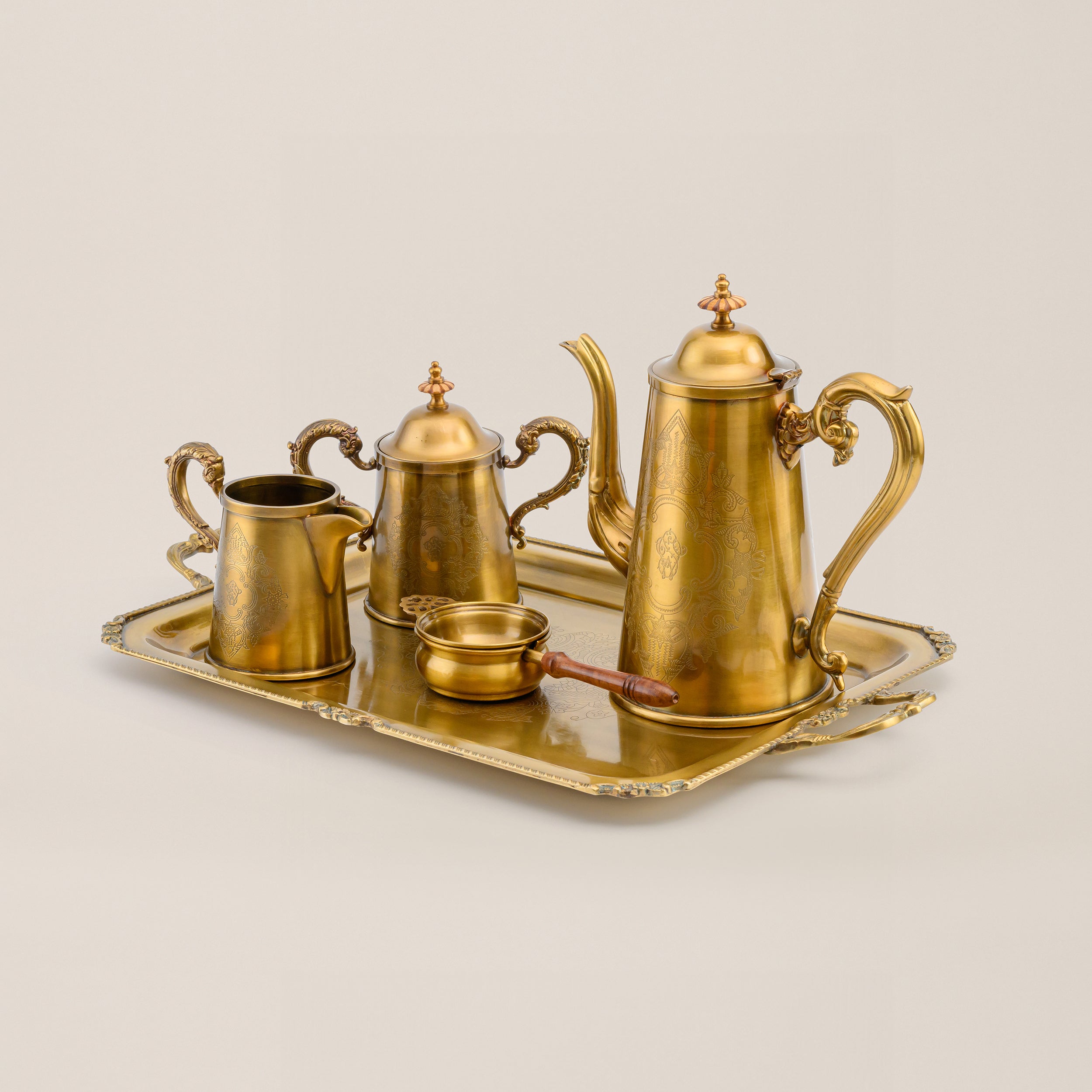 BRASS TEA SET WITH TRAY