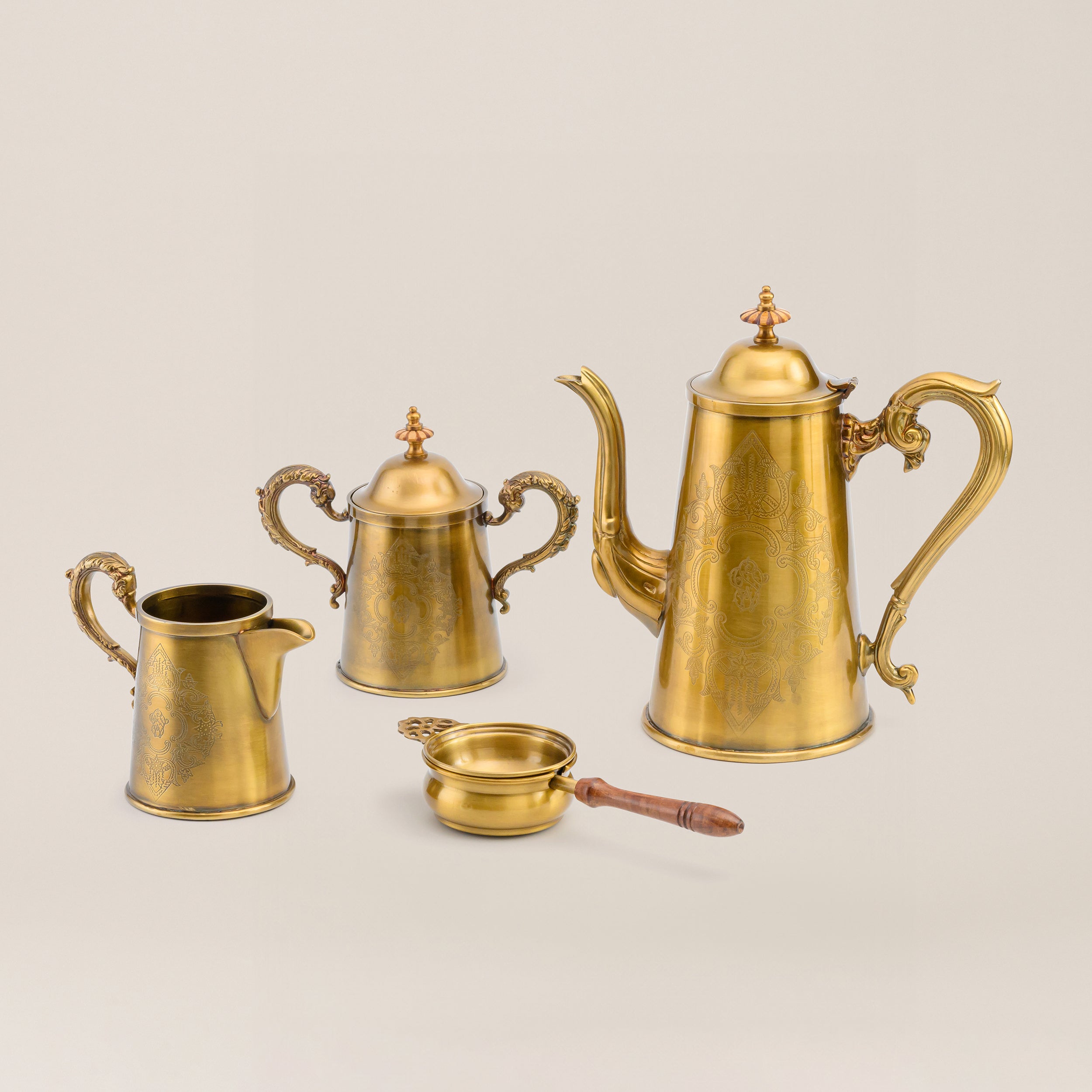 BRASS TEA SET WITH TRAY