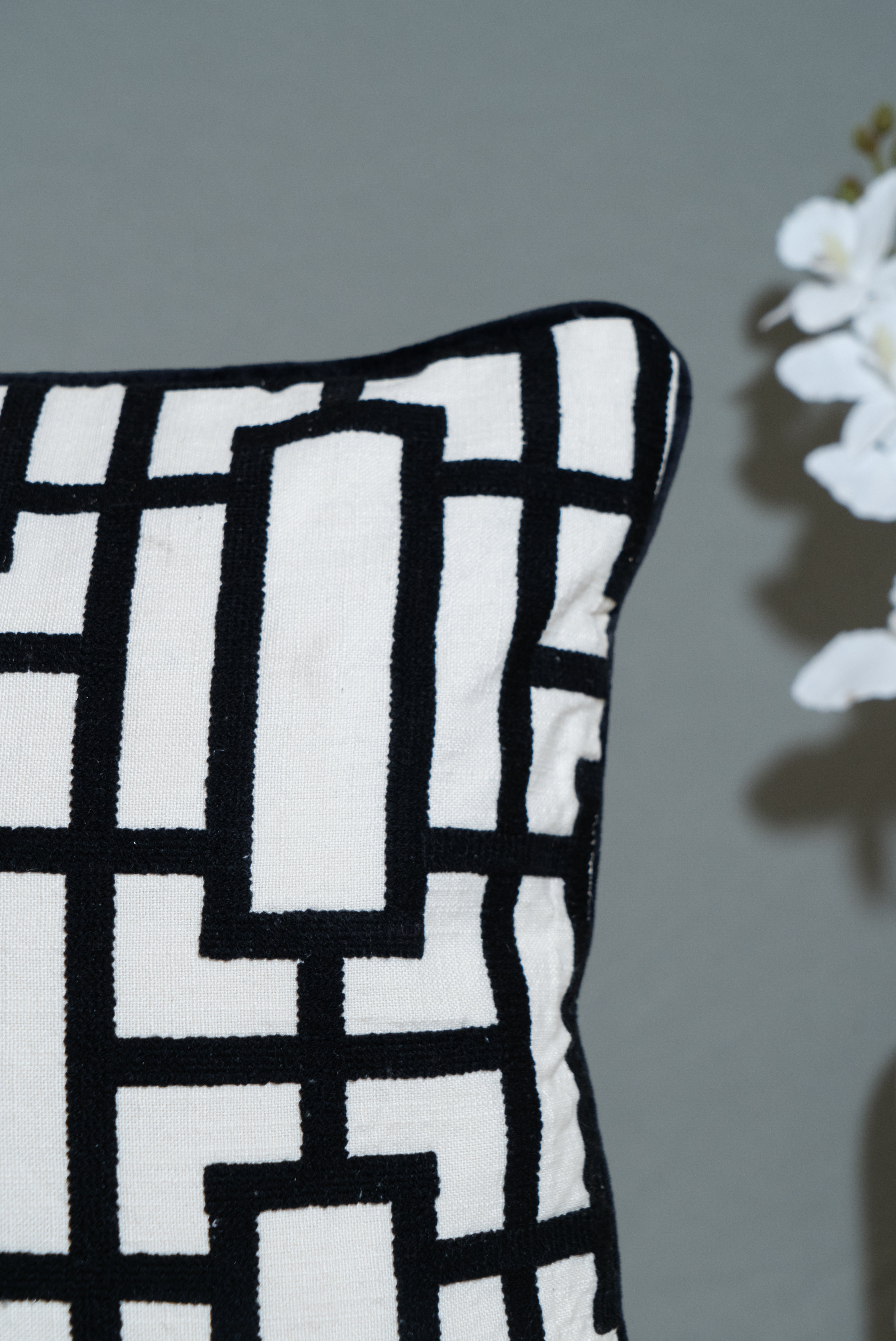 Monochrome Maze Handcrafted Cushion Cover – Geometric Black & White Design