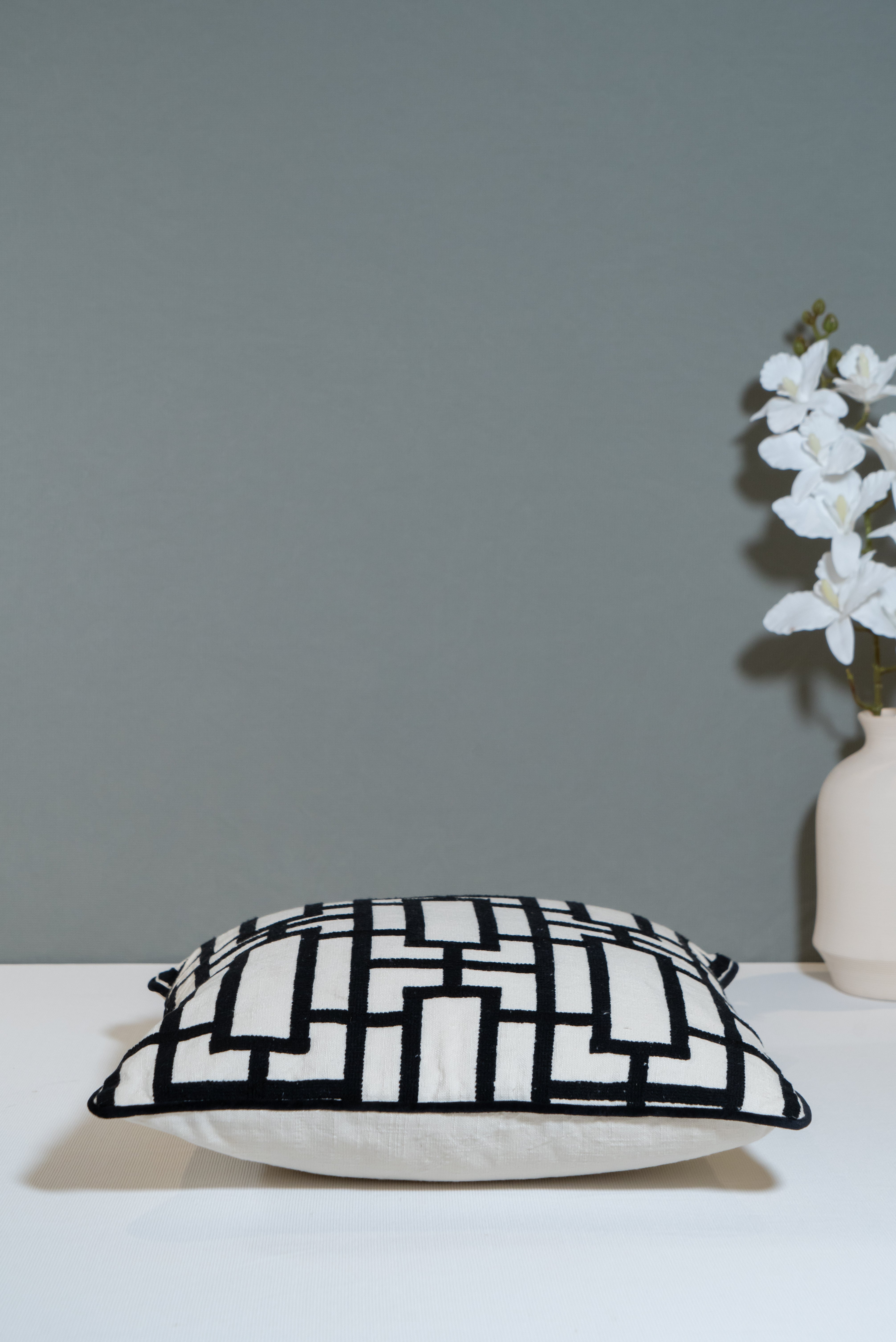 Monochrome Maze Handcrafted Cushion Cover – Geometric Black & White Design