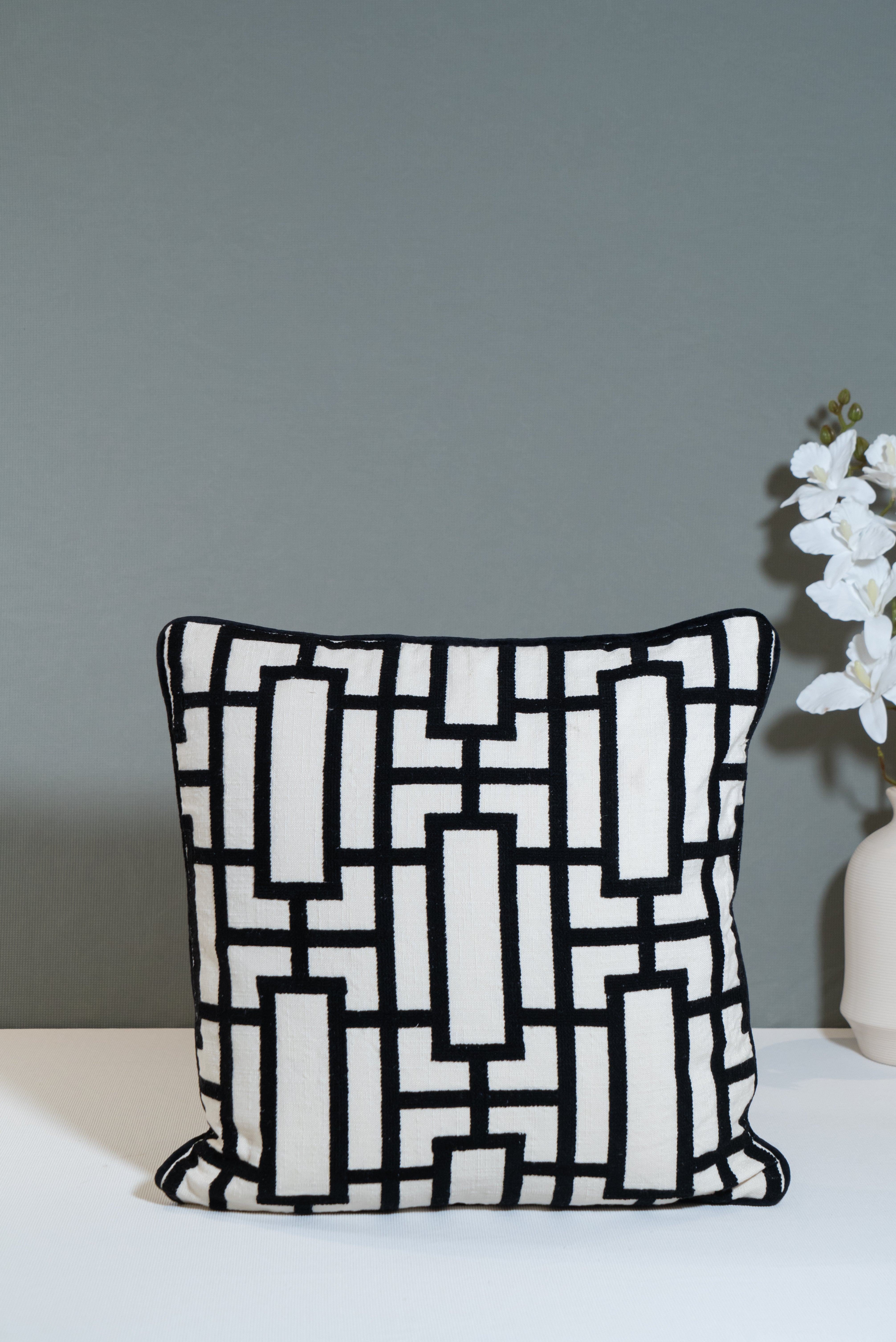 Monochrome Maze Handcrafted Cushion Cover – Geometric Black & White Design