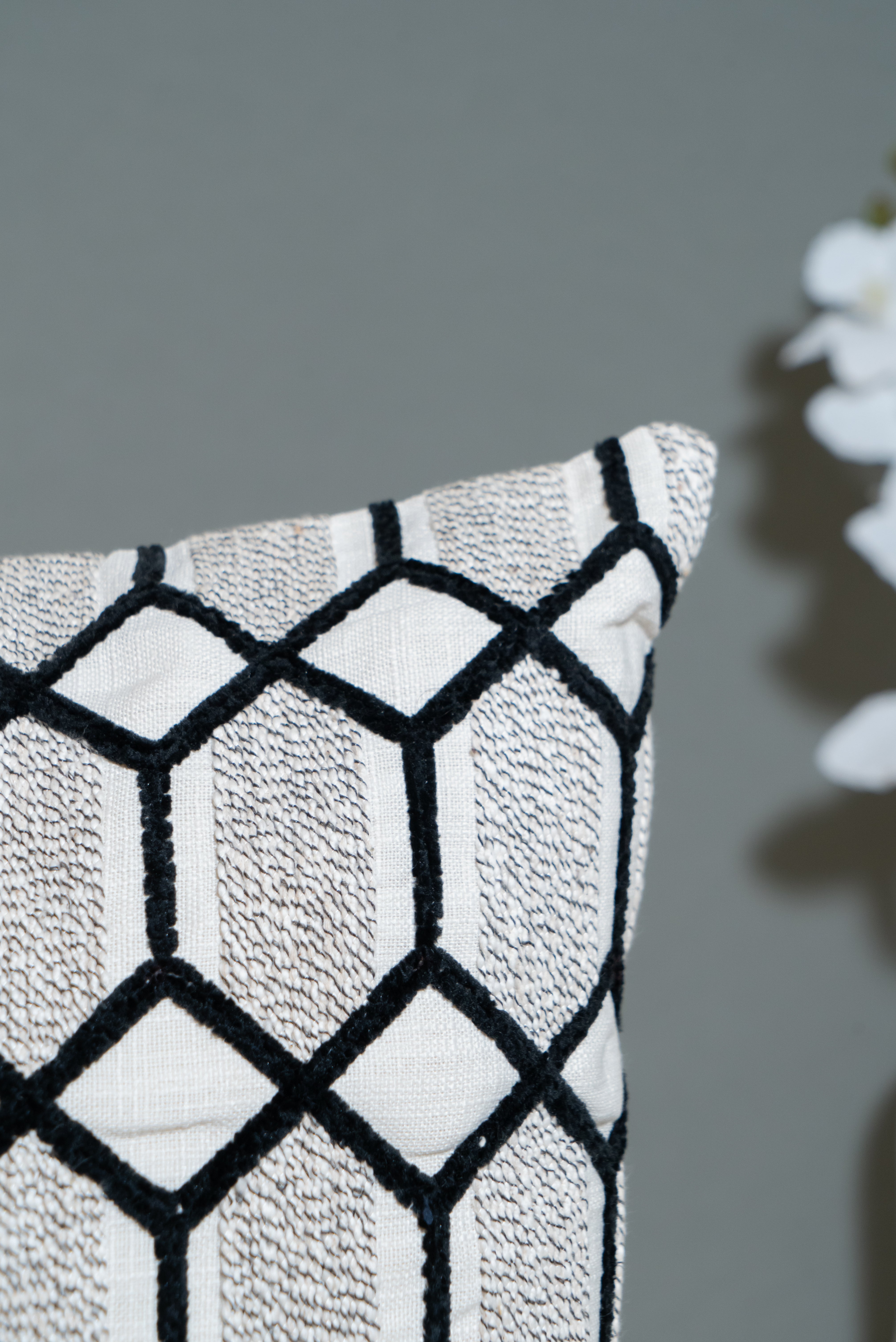 Monochrome Maze Handcrafted Cushion Cover – Geometric Black & White Design