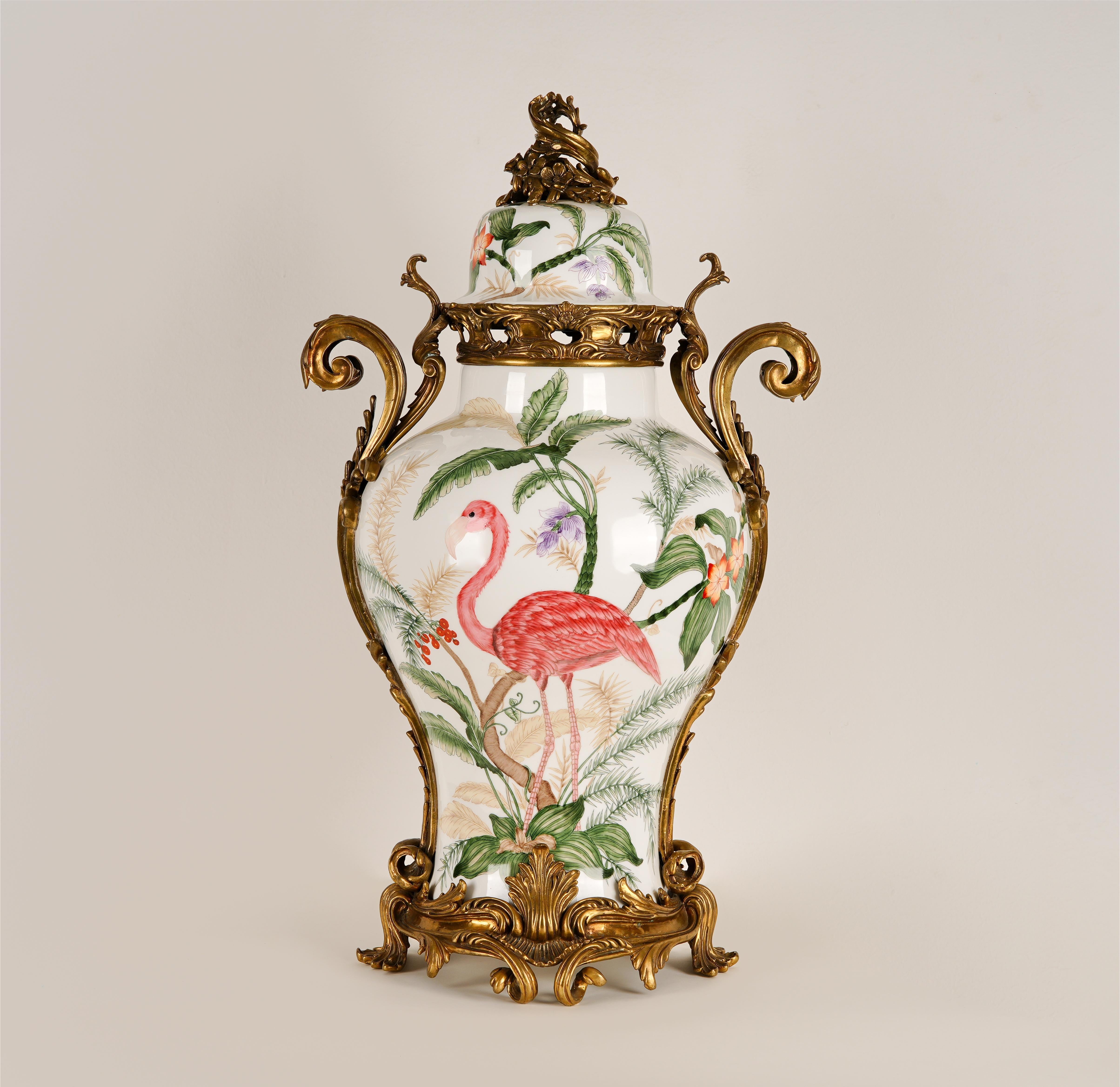 Exquisite Flamingo Porcelain Jar with Ornate Gilded Bronze Detailing – Luxury Home Décor by KASA by Hölzer