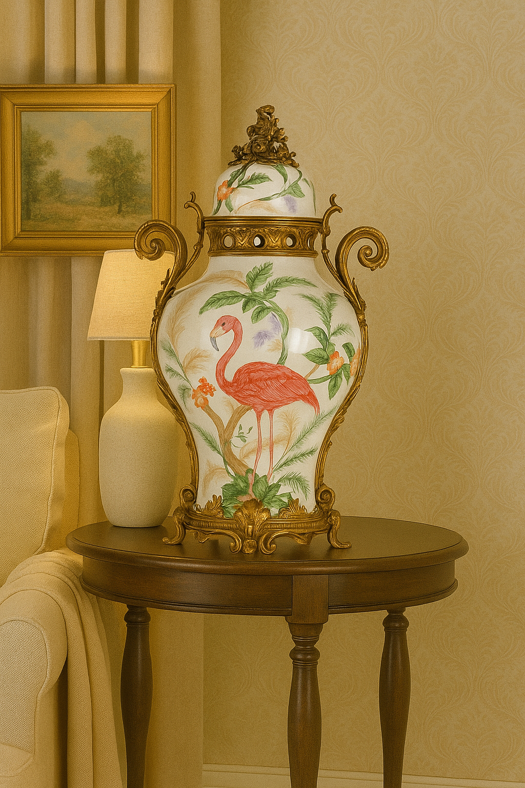 Exquisite Flamingo Porcelain Jar with Ornate Gilded Bronze Detailing – Luxury Home Décor by KASA by Hölzer