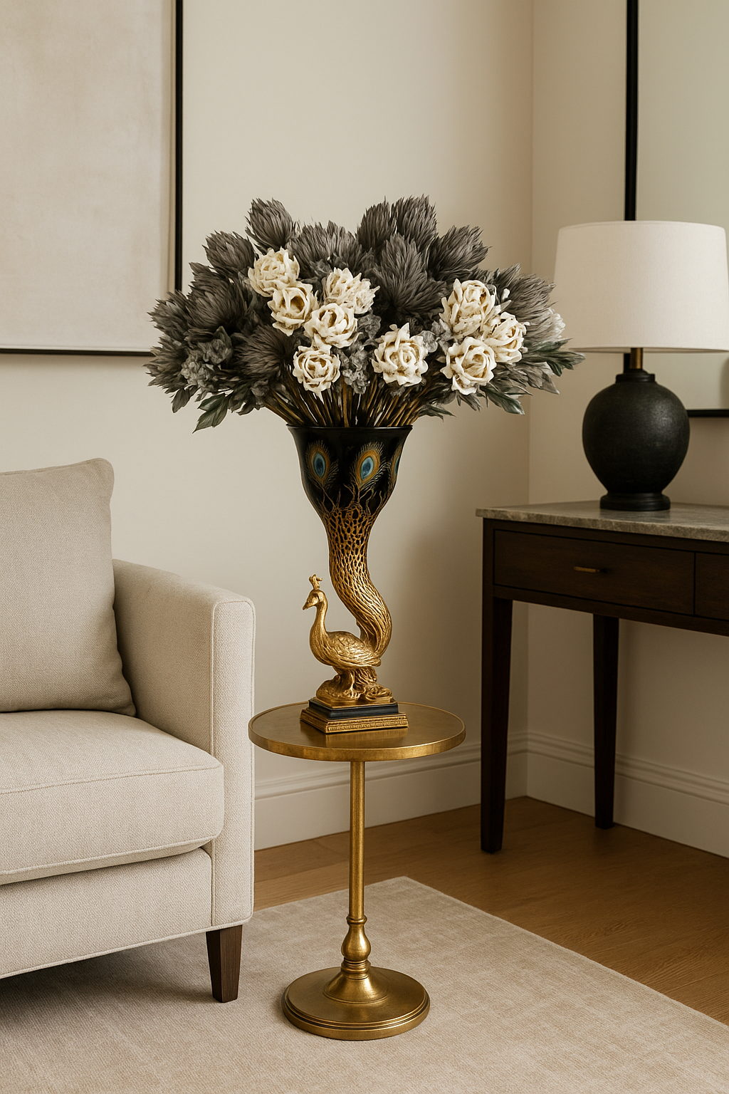 Luxury Chinoiserie Peacock Vase with Floral Arrangement – Handcrafted Black & Gold Decorative Centerpiece for Home Décor