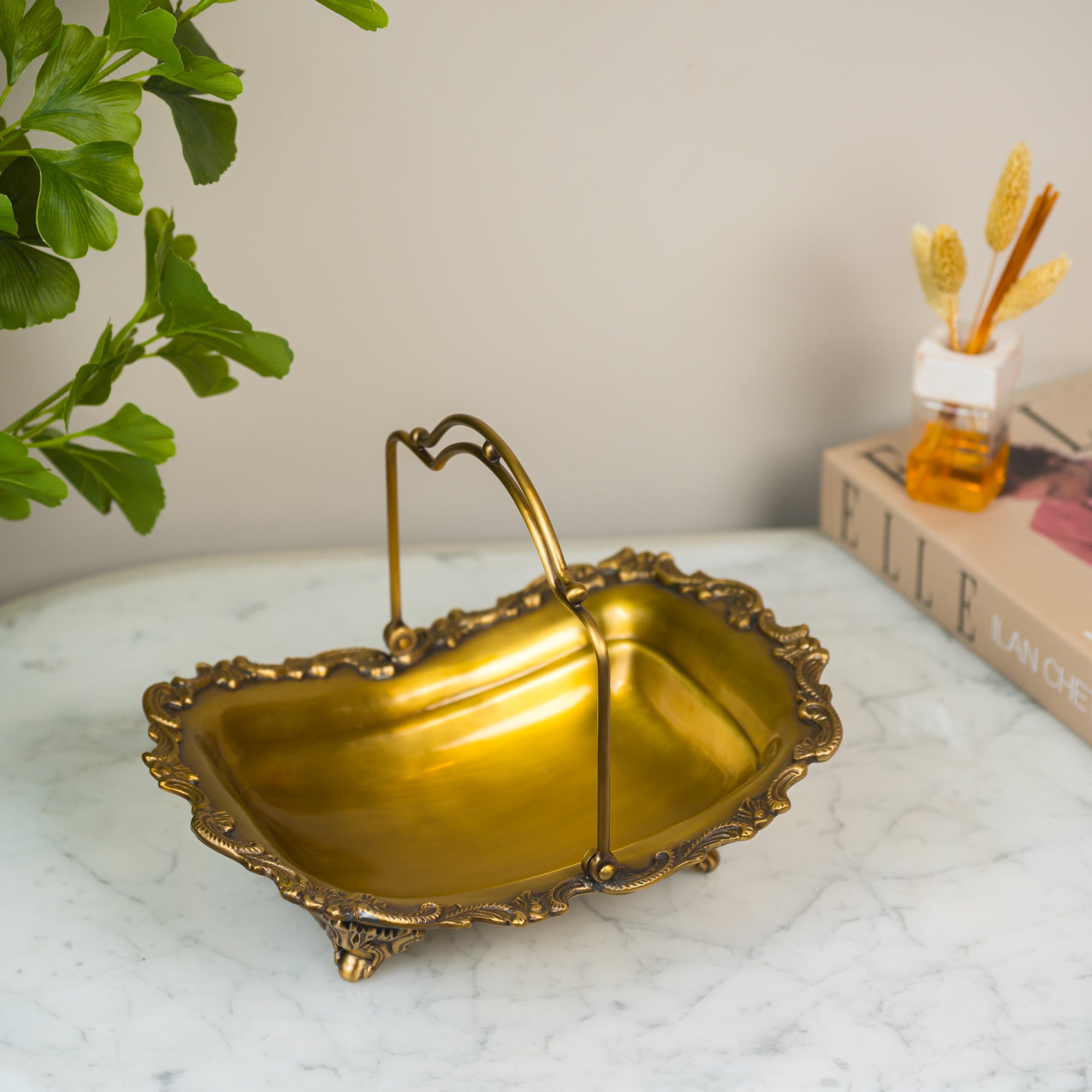 Elegant Brass Carry Bowl Basket with Ornamental Edges