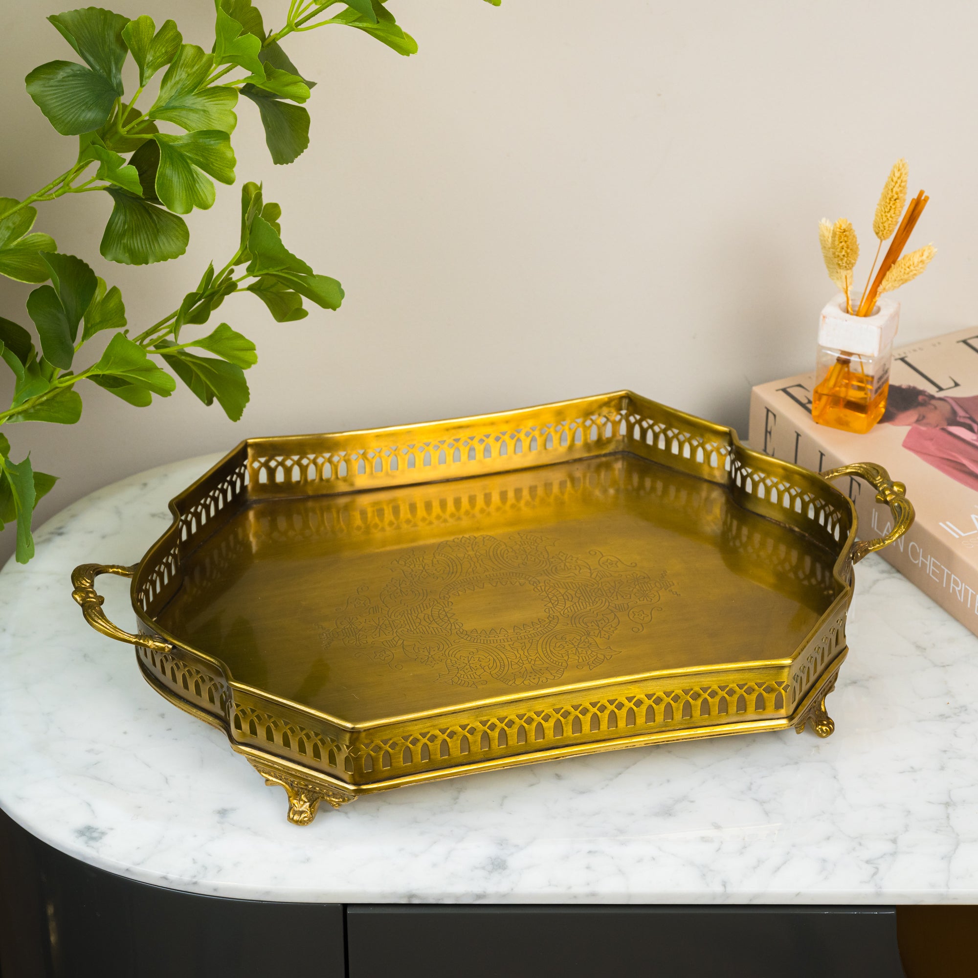 Heritage Inspired Brass Finish Tray with Ornate Filigree and Regal Handles