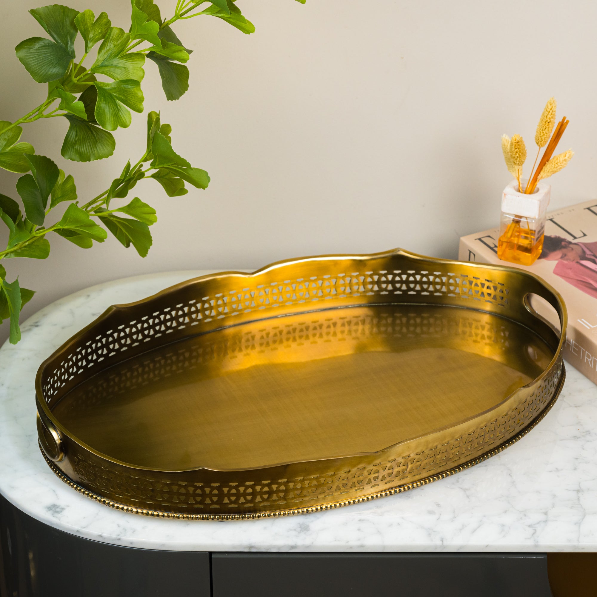 Antique brass Oval Tray with Perforated Trim