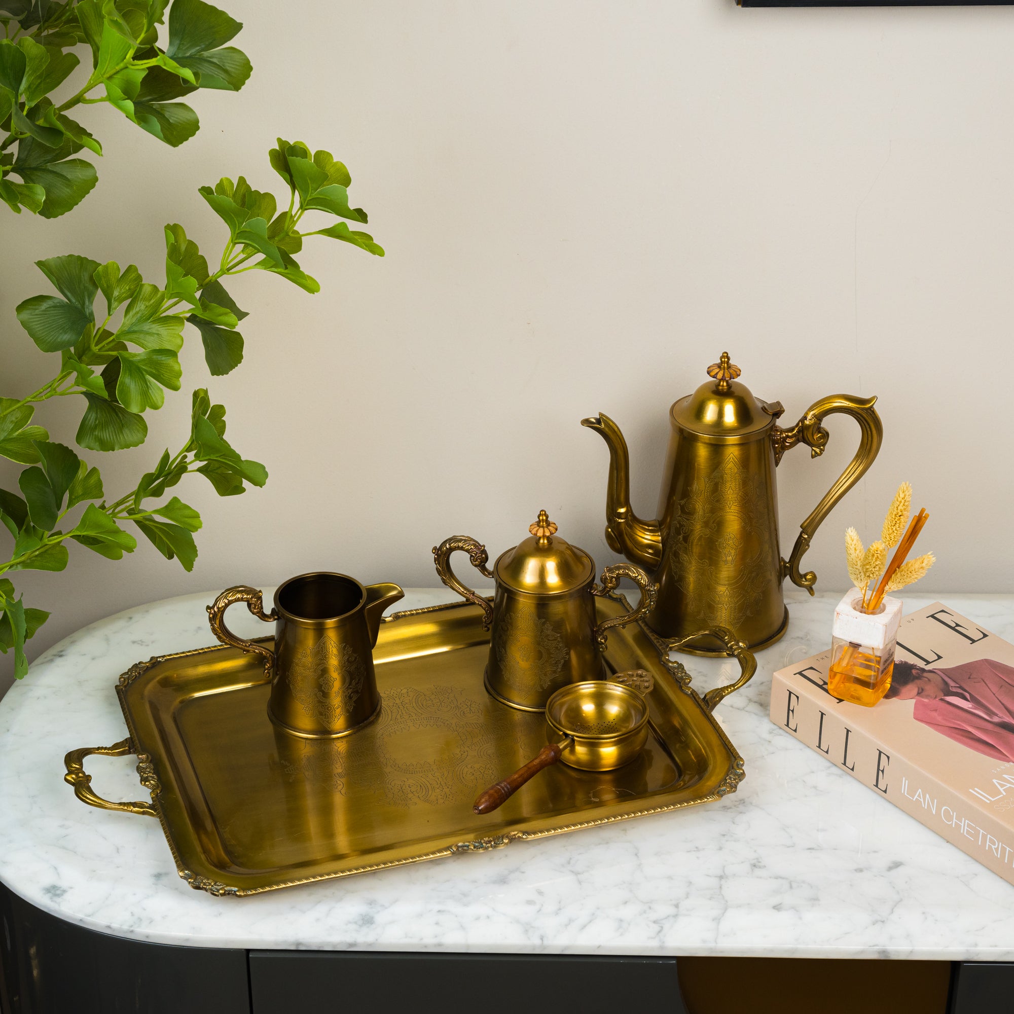 Heritage Radiance Brass Elegance Tea Set of Five with Carved Design