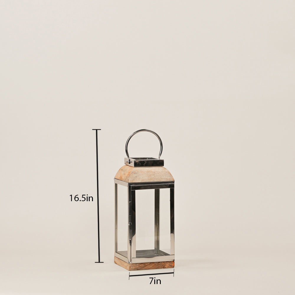 STAINLESS STEEL LANTERN WITH WOODEN BASE SMALL