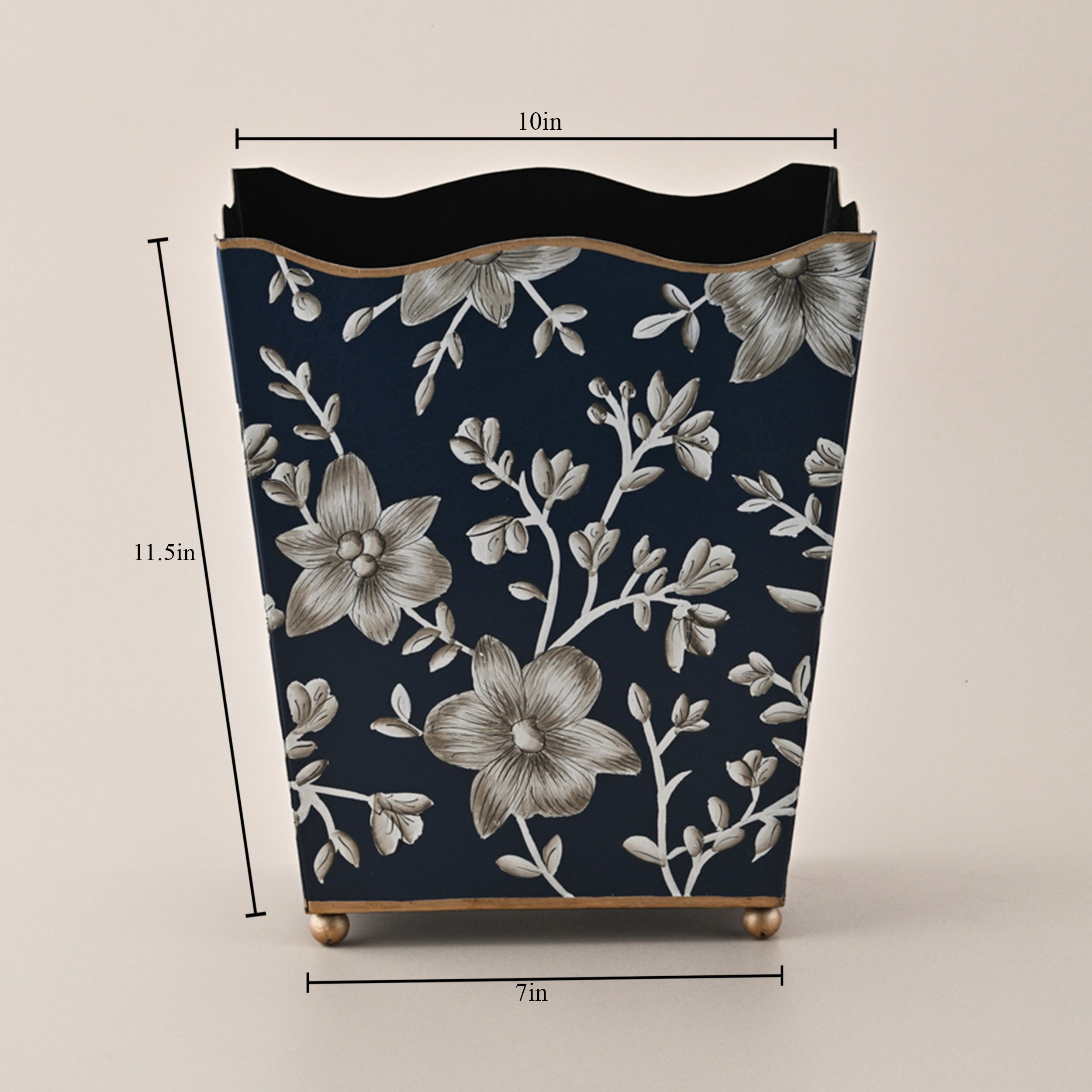 Elegant Navy Blue Hand-Painted Metal Waste Bin with White Floral Design