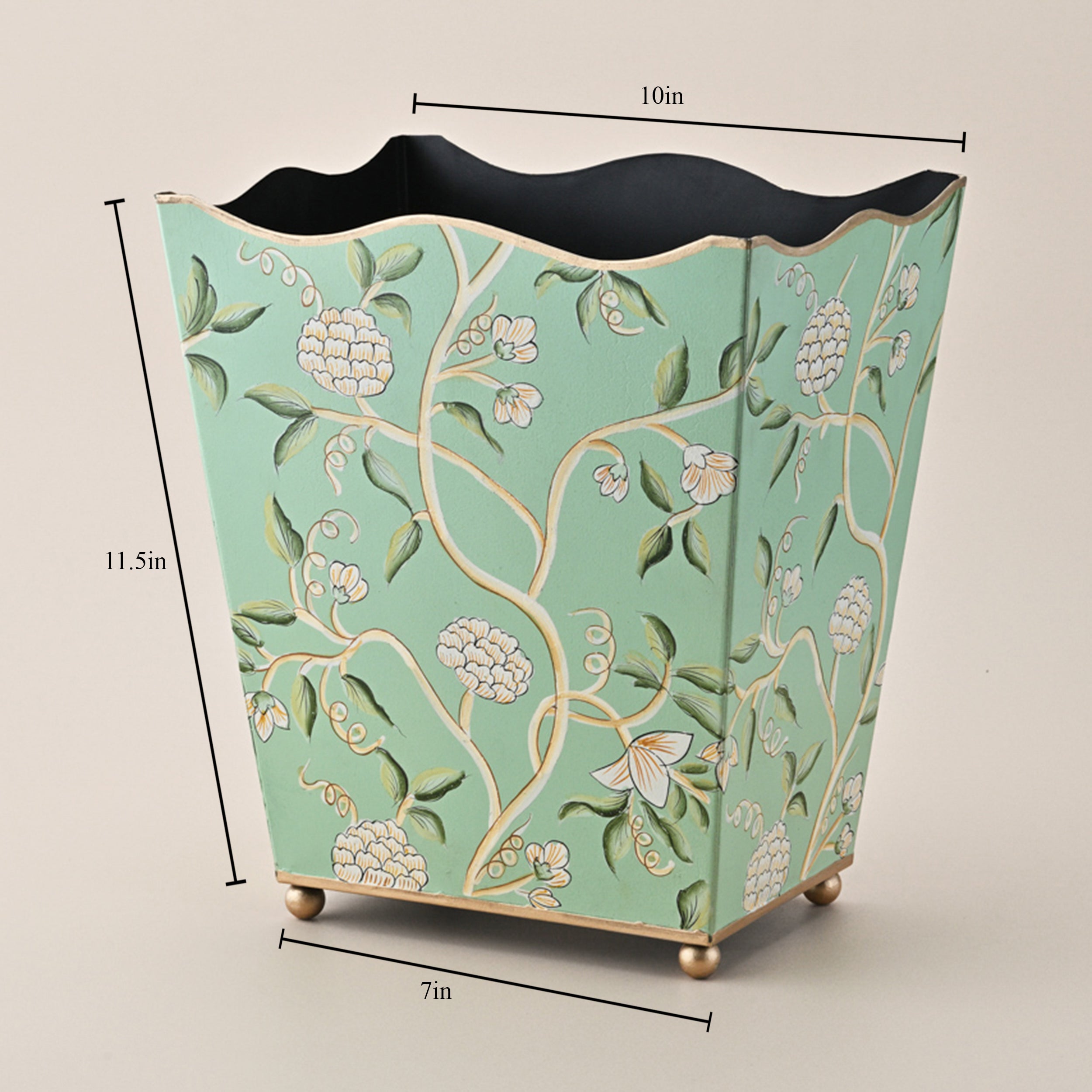 Mint Green Floral Hand-Painted Waste Bin with Gold Detailing by Kasa Holzer