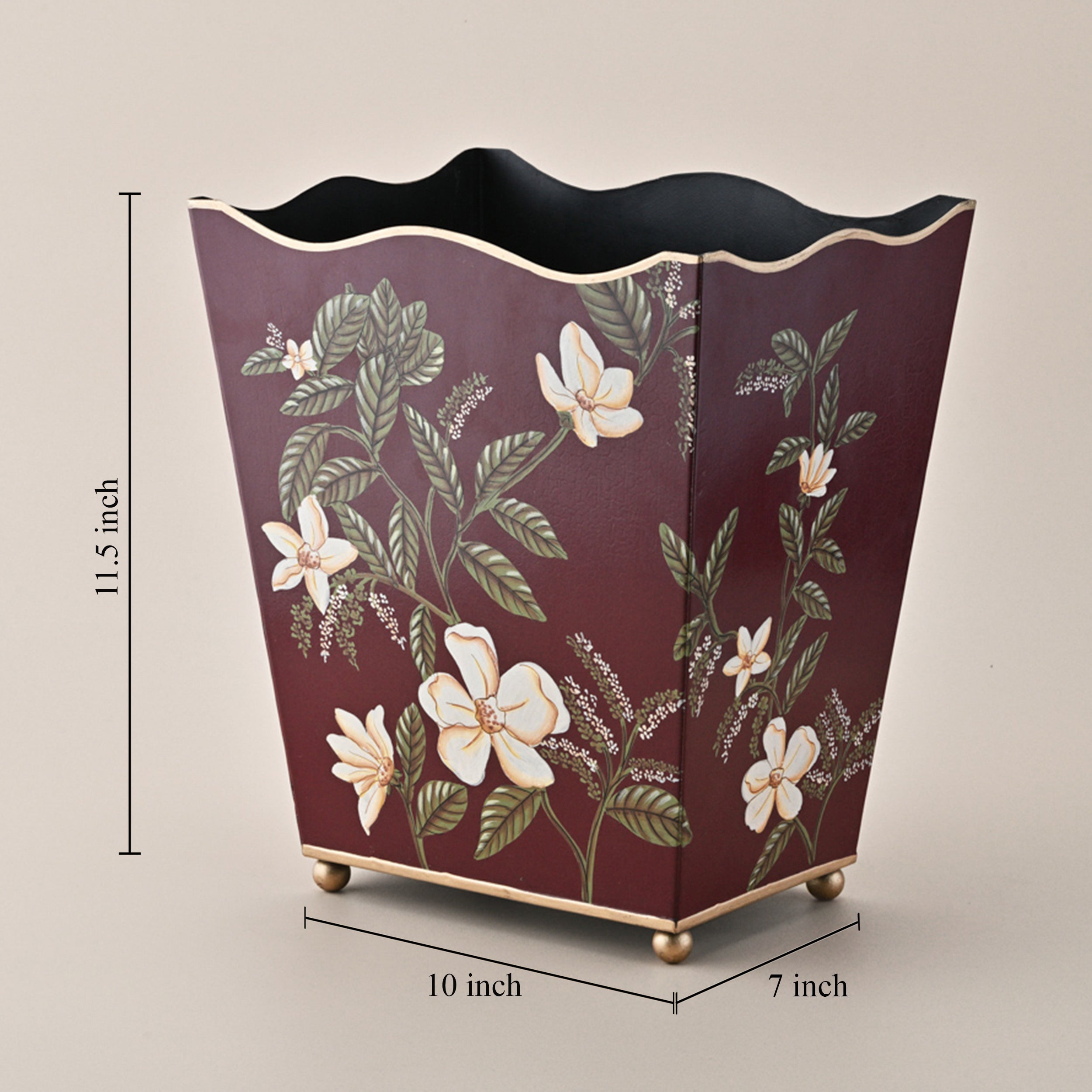 Burgundy Floral Hand-Painted Waste Bin with Gold Accents by Kasa Holzer