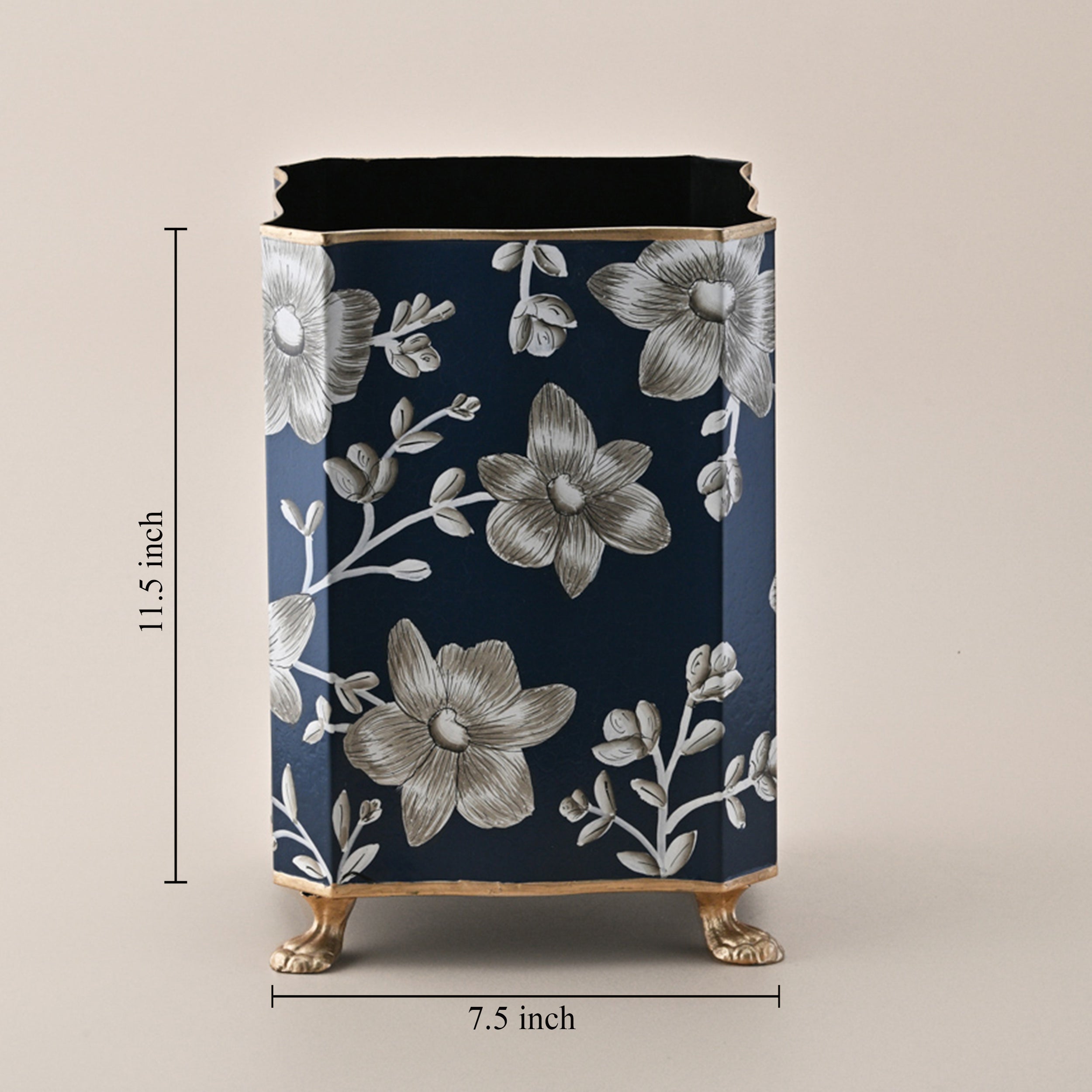 Luxury Hand-Painted Metal Waste Bin by Kasa Holzer – Navy Blue with White Floral Design