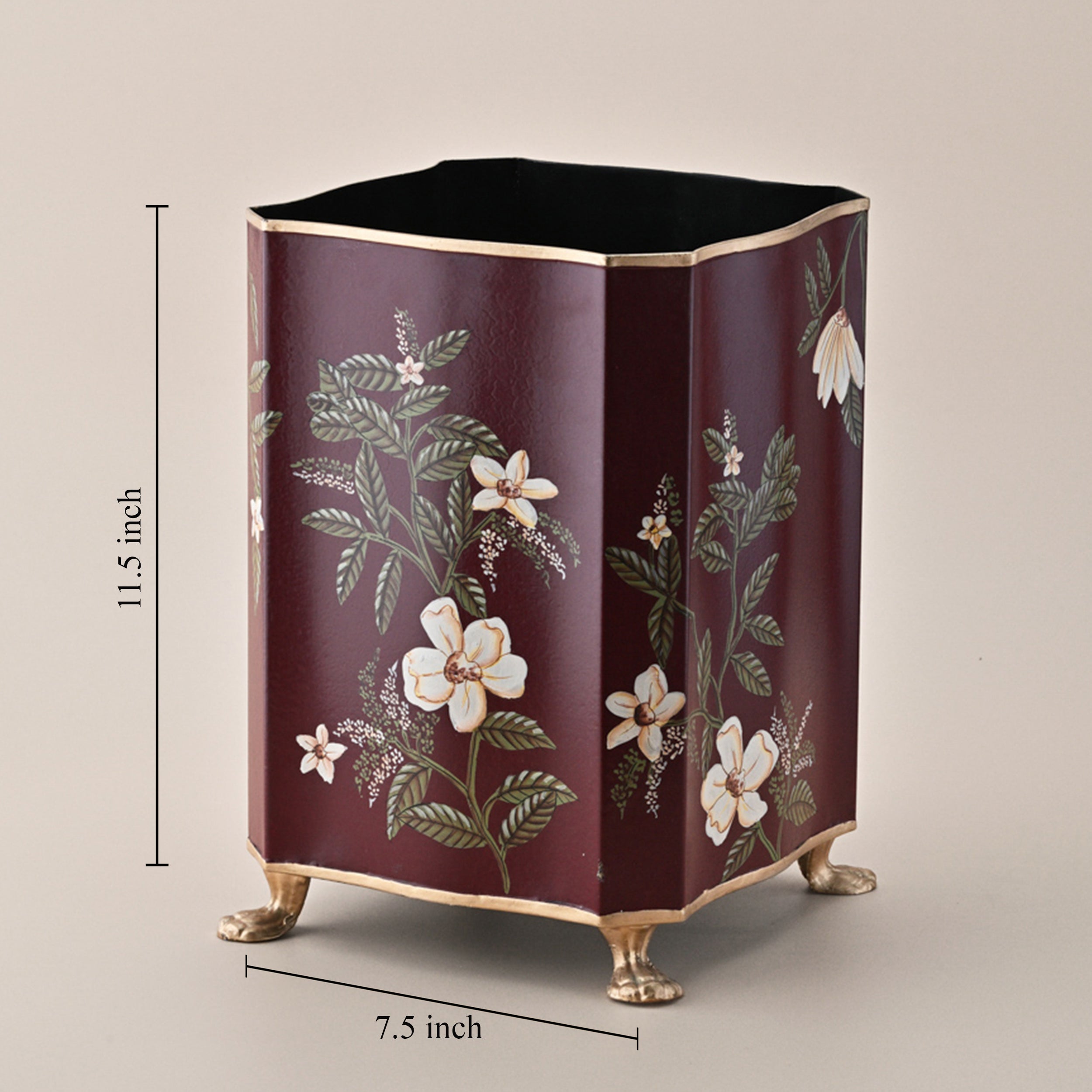 Hand-Painted Metal Waste Bin – Burgundy with Floral Design