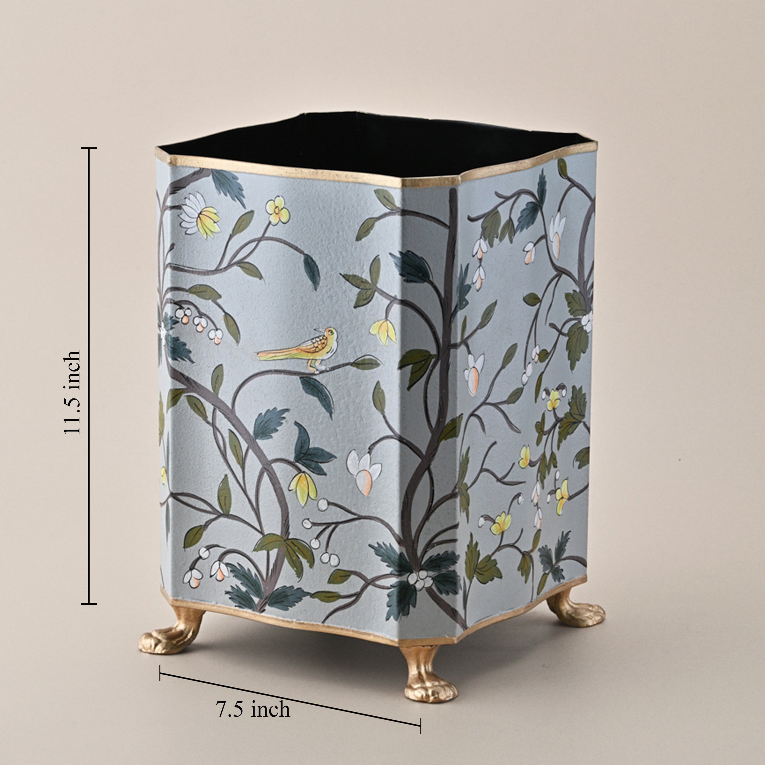 Hand-Painted Metal Waste Bin by Kasa Holzer – Sky Blue with Floral and Bird Motif