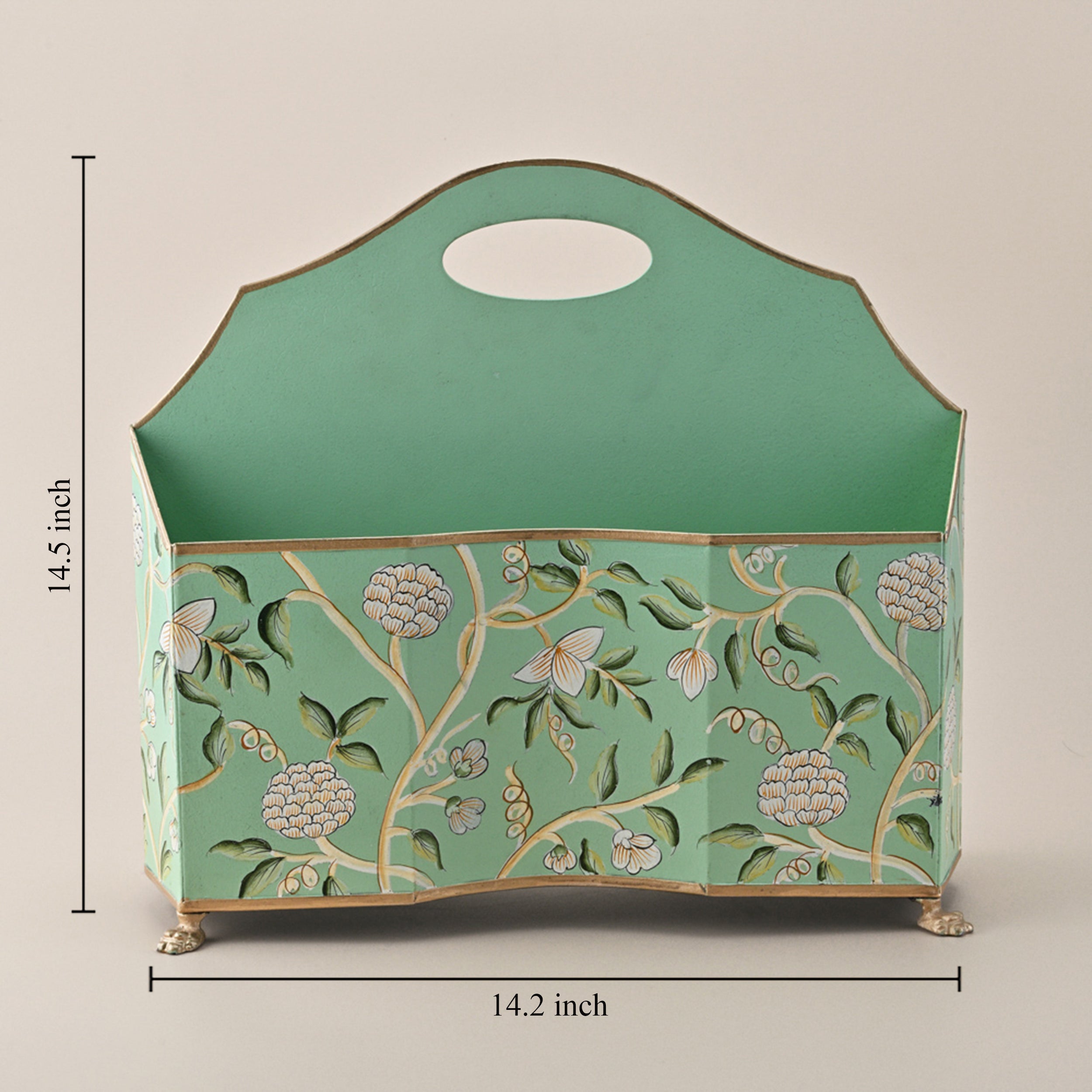 Hand-Painted Floral Magazine Holder – Green Elegance