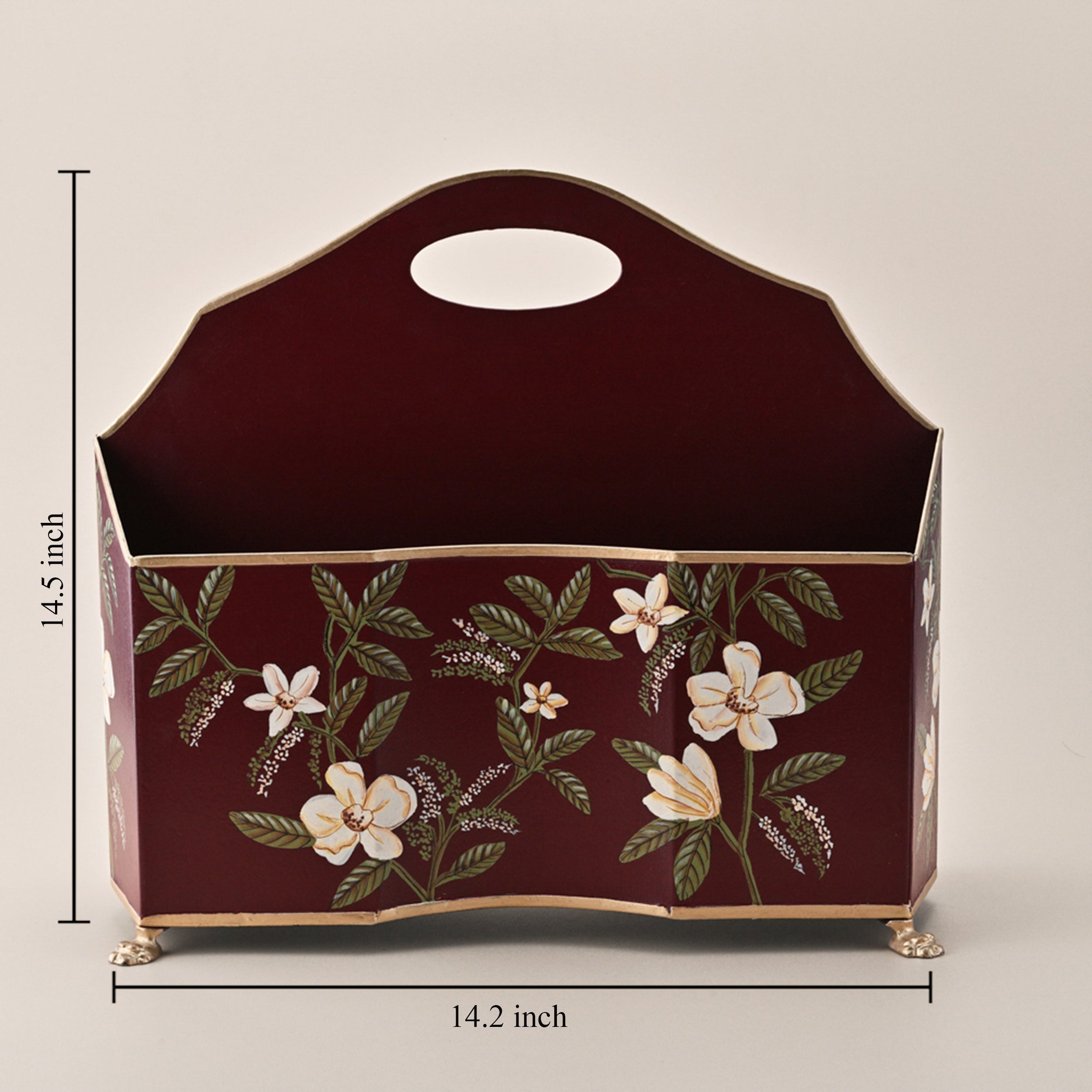 Hand-Painted Floral Magazine Holder – Burgundy Elegance