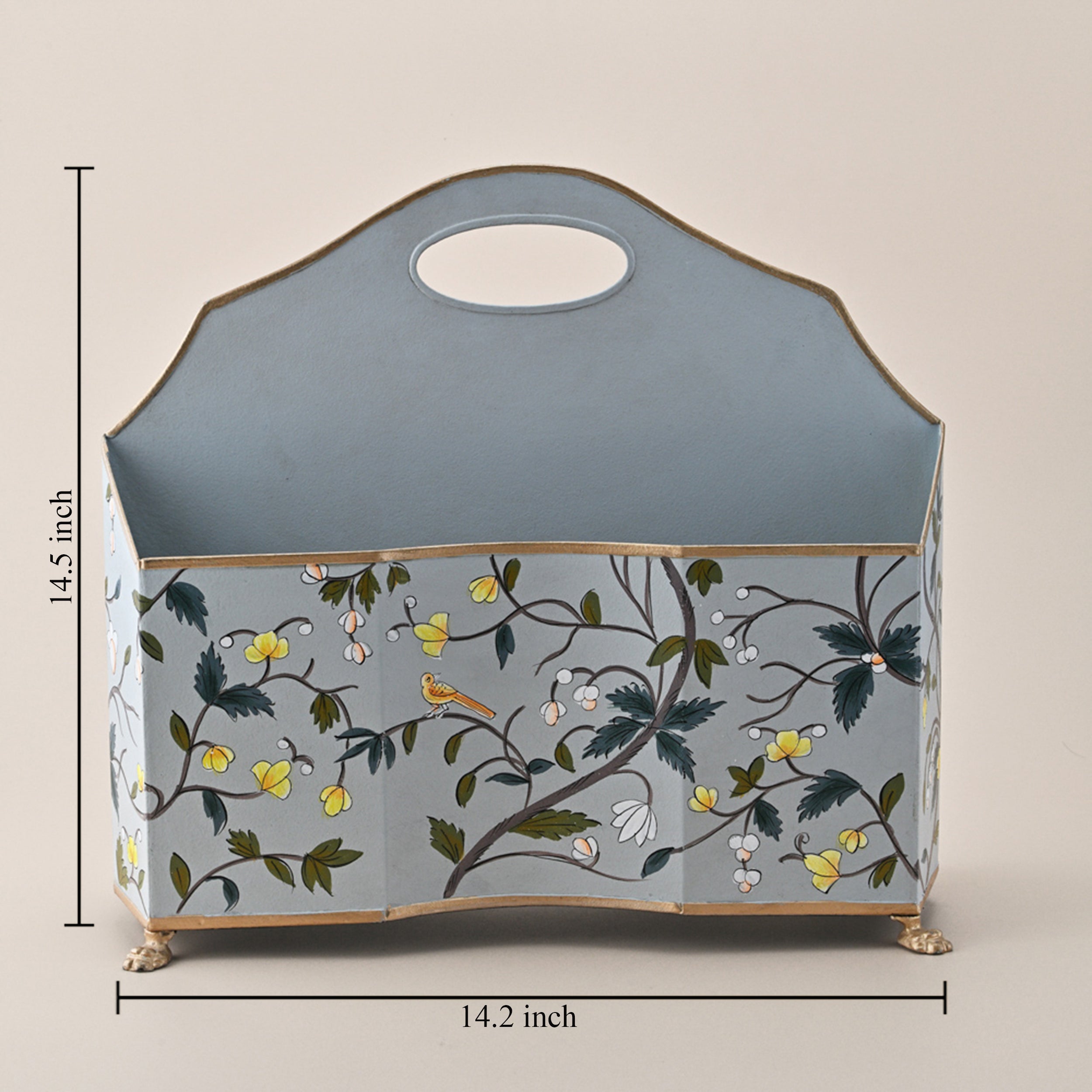 Hand-Painted Magazine Holder – Sky Blue with Floral and Bird Motif