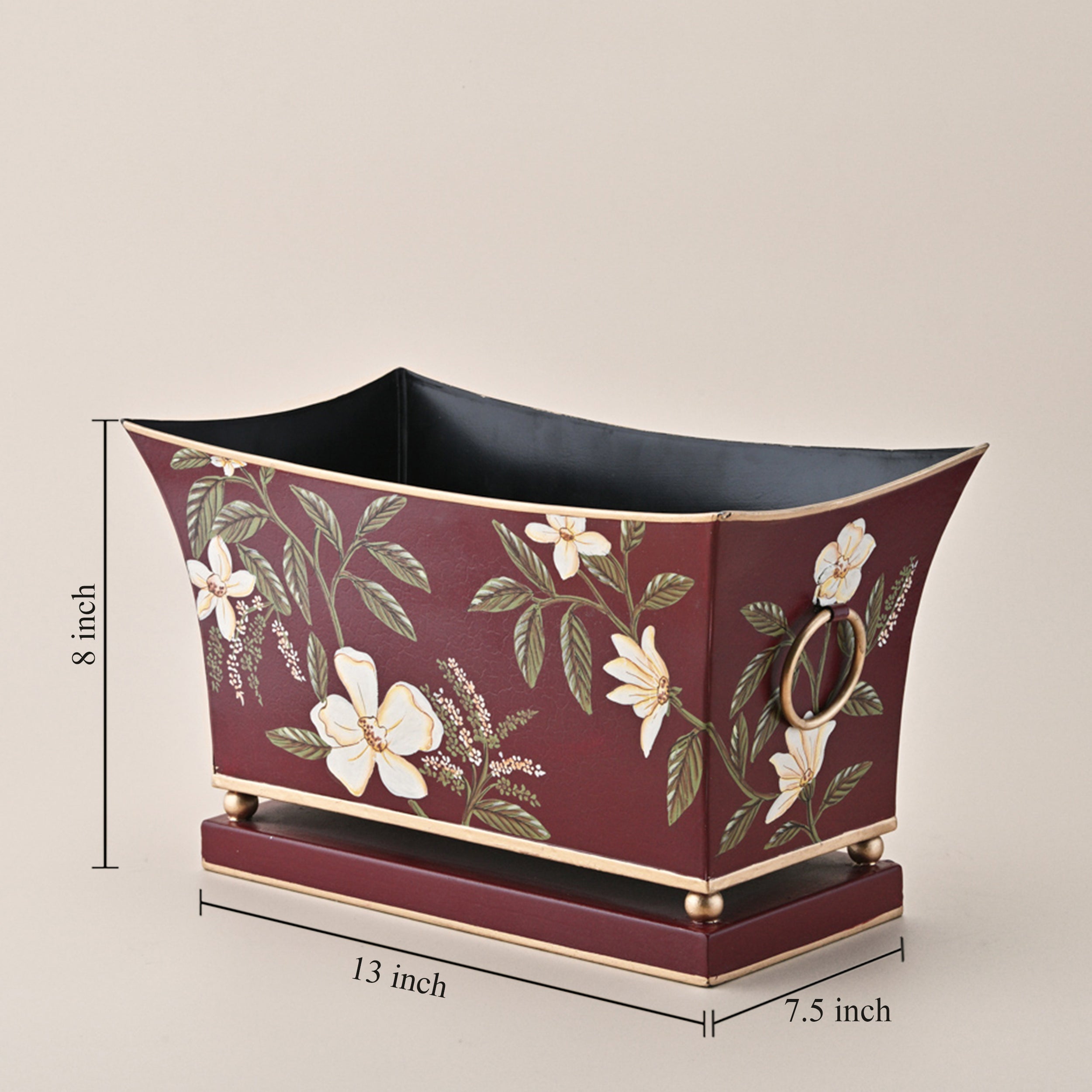 Hand-Painted Burgundy Floral Metal Planter by Kasa Holzer