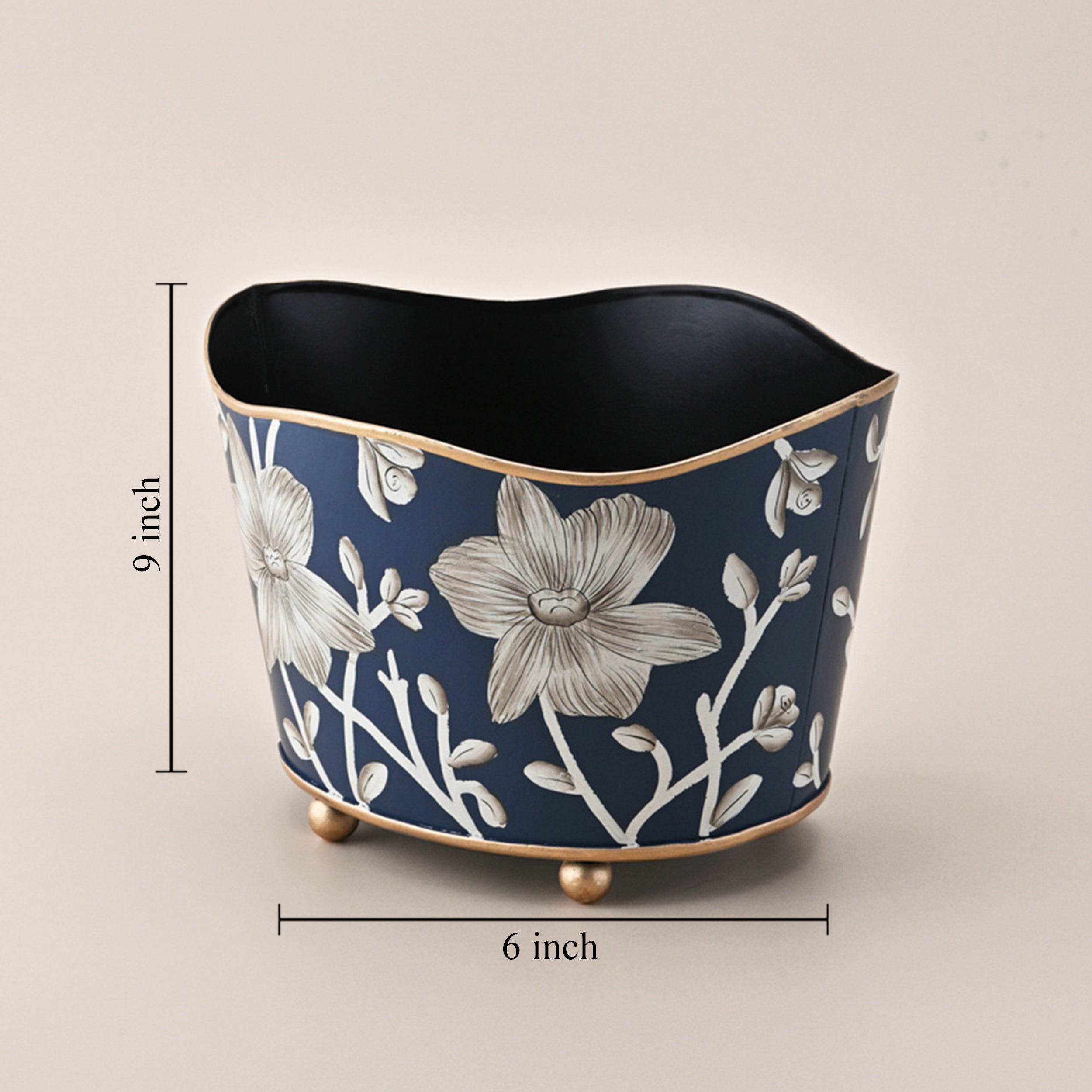 Hand-Painted Navy Floral Oval Planter by Kasa Holzer