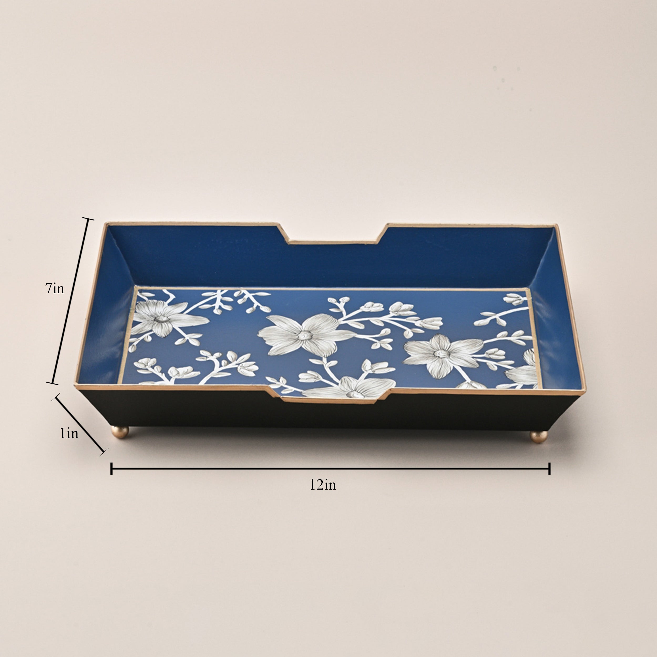 Hand-Painted Navy Floral Rectangular Tray by Kasa Holzer