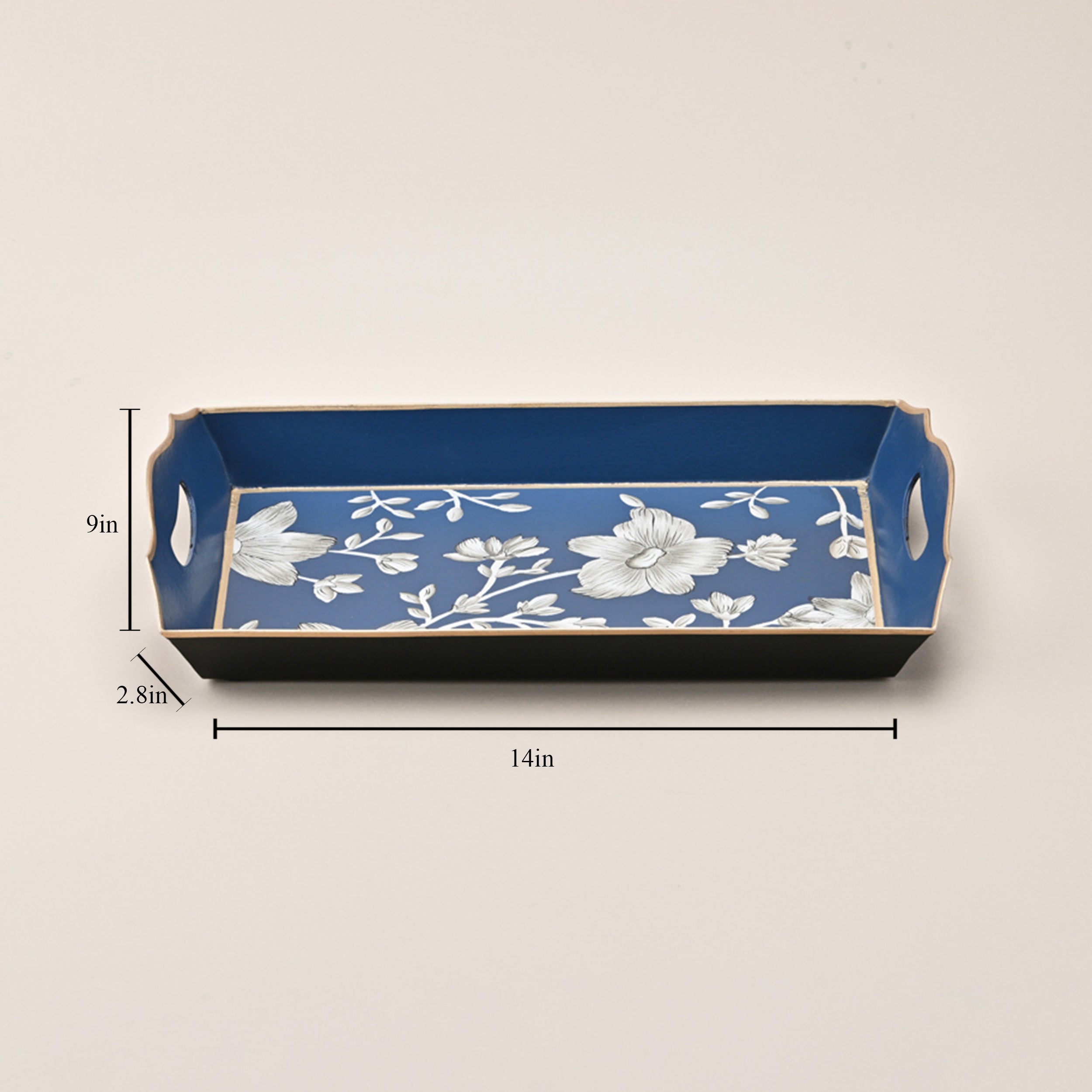 Navy Blue Floral Scalloped Serving Tray by Kasa Holzer