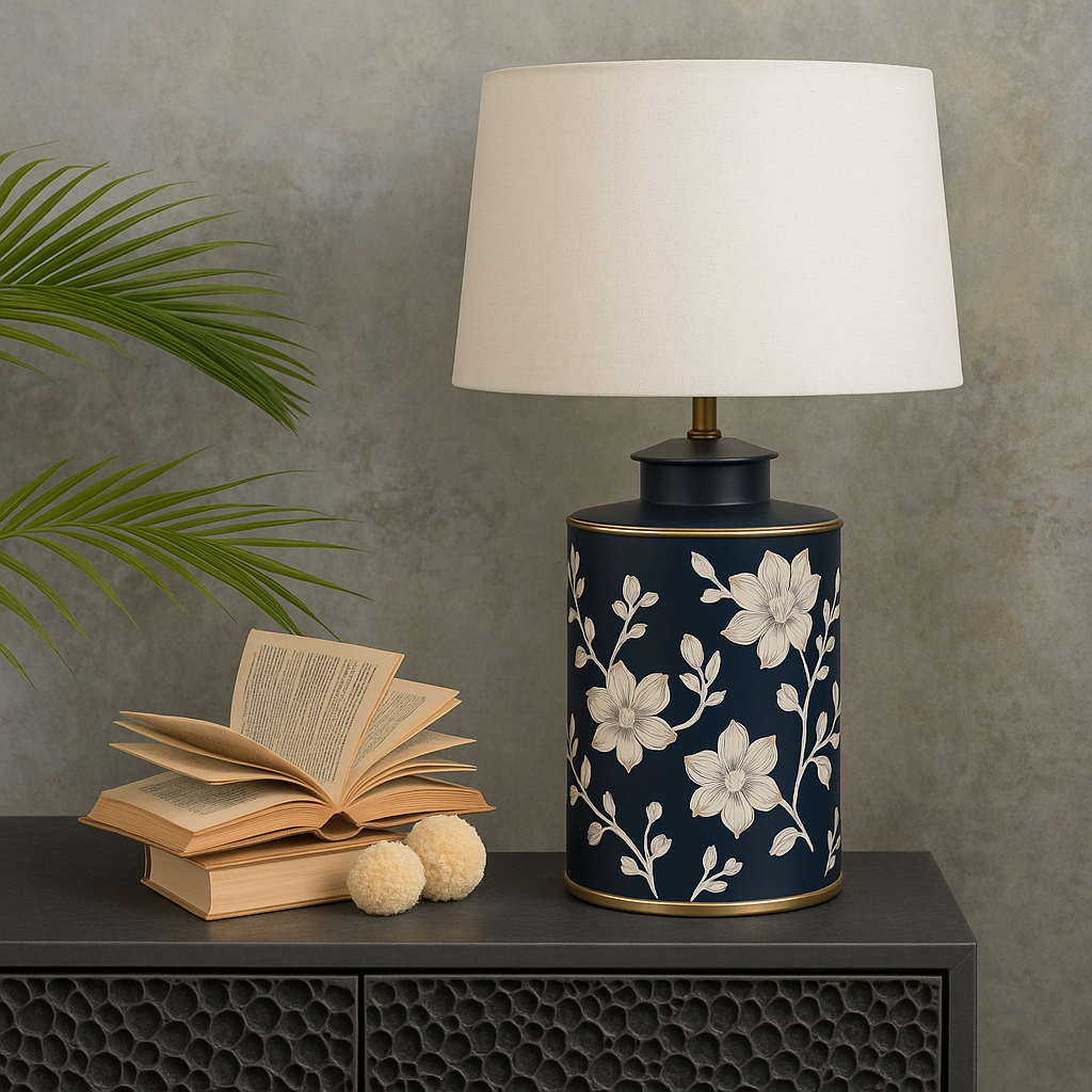 Handpainted Navy Blue Metal Table Lamp – Floral Art Decor for Modern Interiors