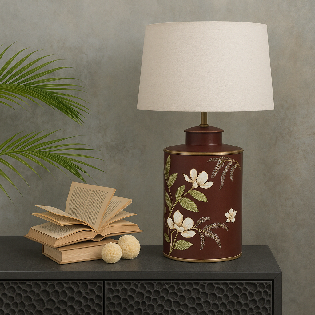Hand painted Maroon Metal Table Lamp – Floral Art Décor Piece